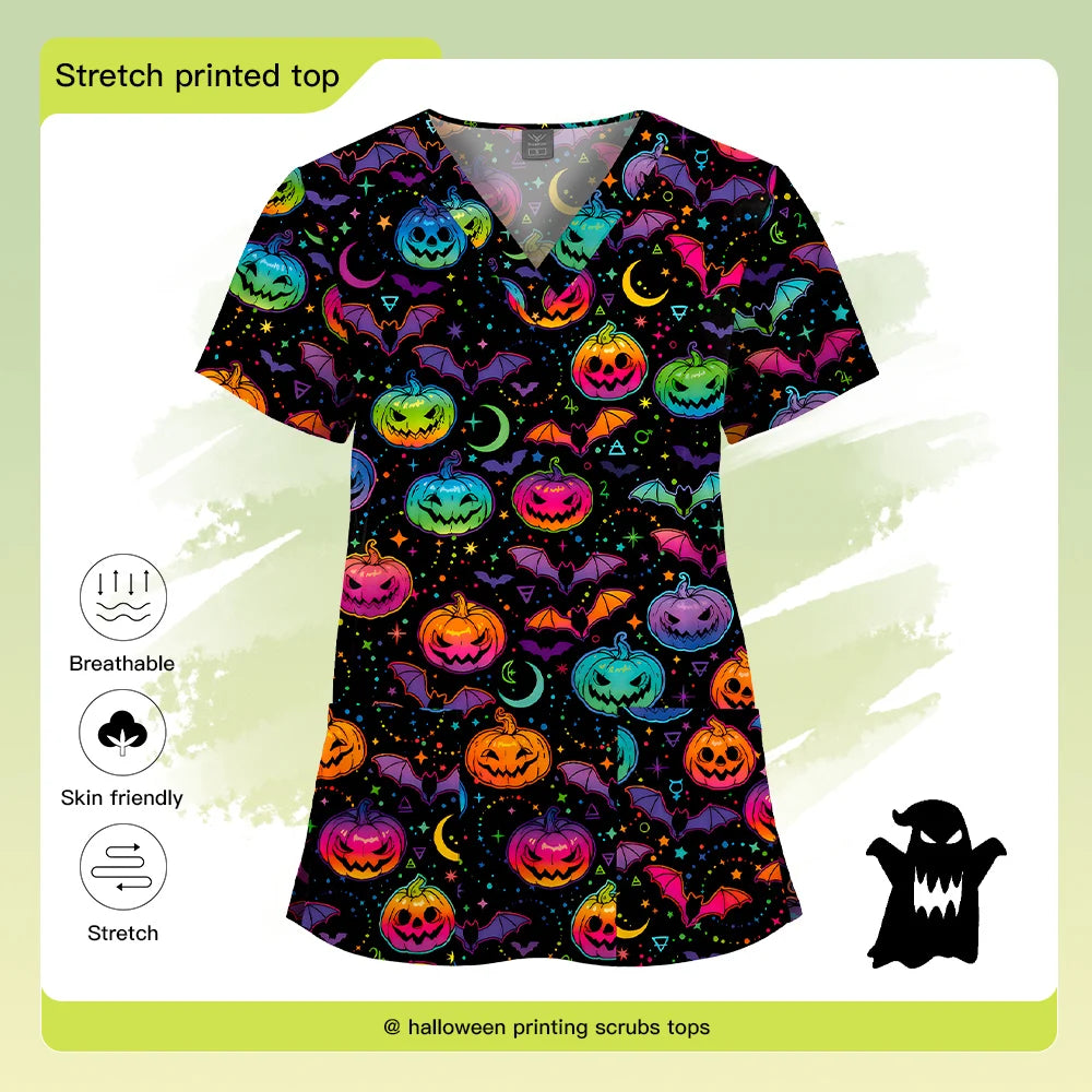 Christmas Print Scrubs Tops Women Short Sleeve V-neck Blouse Nurse Uniforms T-Shirt Medical Working Uniform Veterinary Workwear
