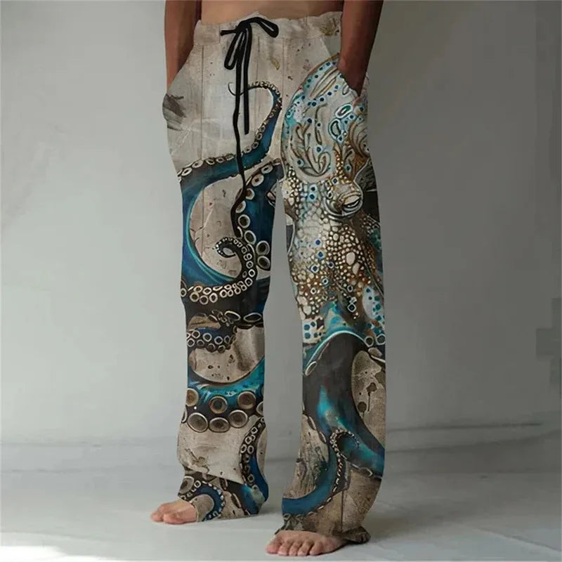 Loose And Casual men's New Bamboo Leaf 3D Printed sweatpants, Versatile And Fashionable Pocket Drawstring Sports Pants