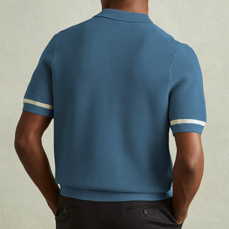 Vintage Mens Striped Shirts Knitting Hollow Out Short Sleeve Lapel Buttoned Cardigan Tops Men Summer Fashion Pocket Knit Shirt