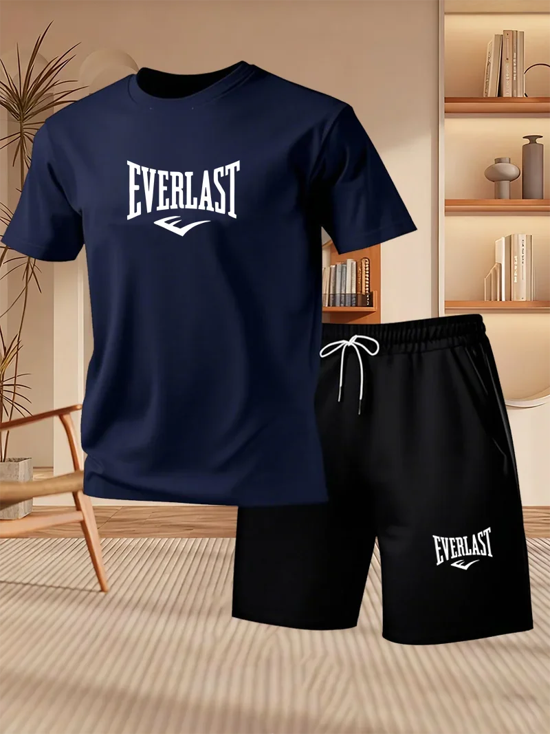 Men's Summer Running Breathable Sportswear, Short Sleeved T-shirt+printed Shorts Two-piece Set, Casual/fitness/home 2-piece Set