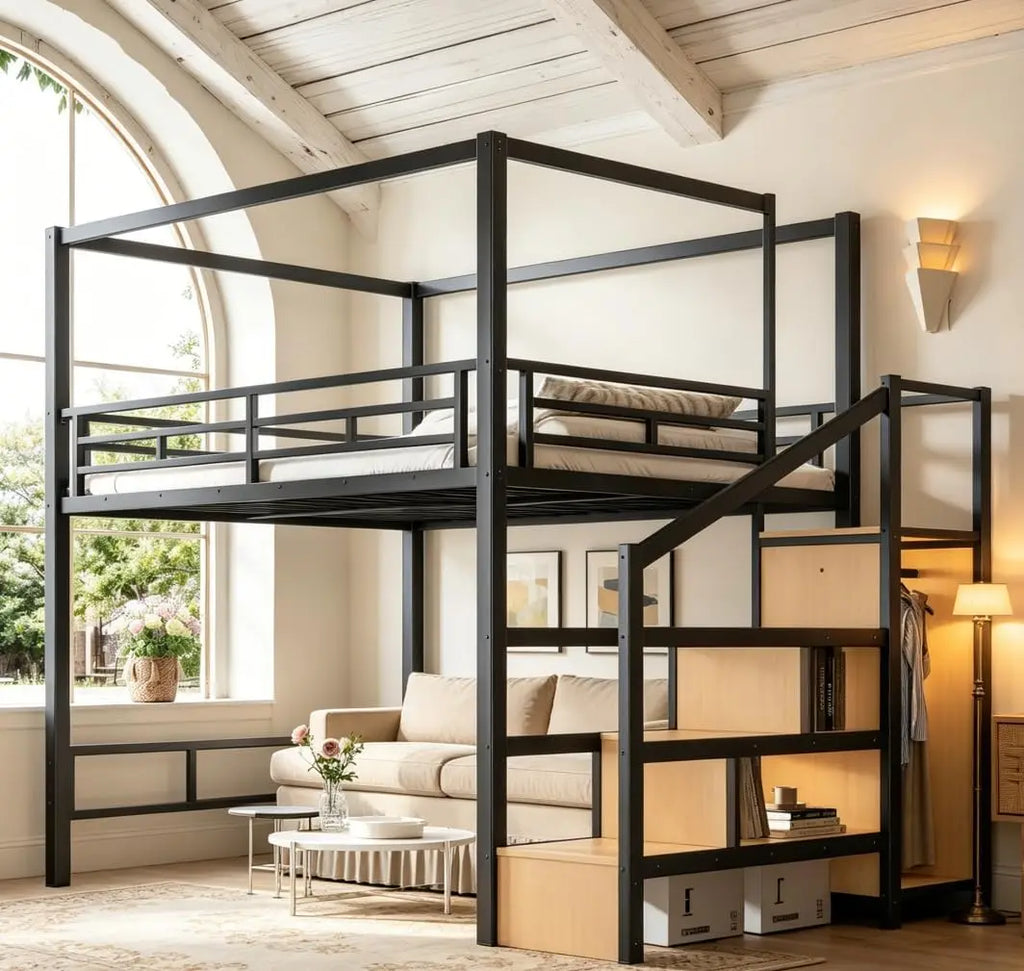 Bellemave Queen loft Bed with Storage Stairs, Wardrobe, Canopy Support Pole, Metal Queen Loft Bed Frame for Adults, Kids, Teens,
