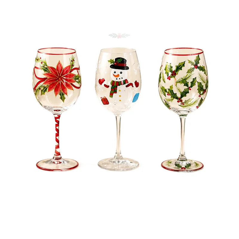 1PC Christmas Hand Painted Wine Glass Creative Snowman Poinsettia Goblet Household Glass Red Wine Cup Festive Decorations