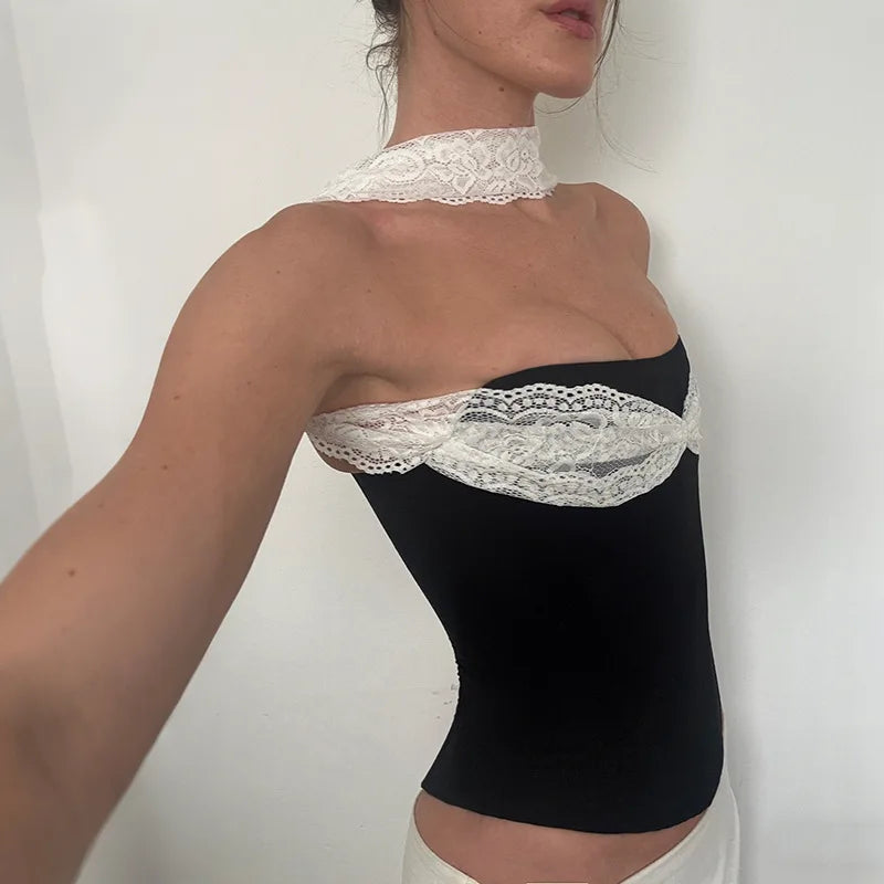 Strapless Backless Sexy Y2K Lace Crop Top Corset Women Summer Party Club Halter Sleeveless Skinny Tank Tops Beach Vacation Gift