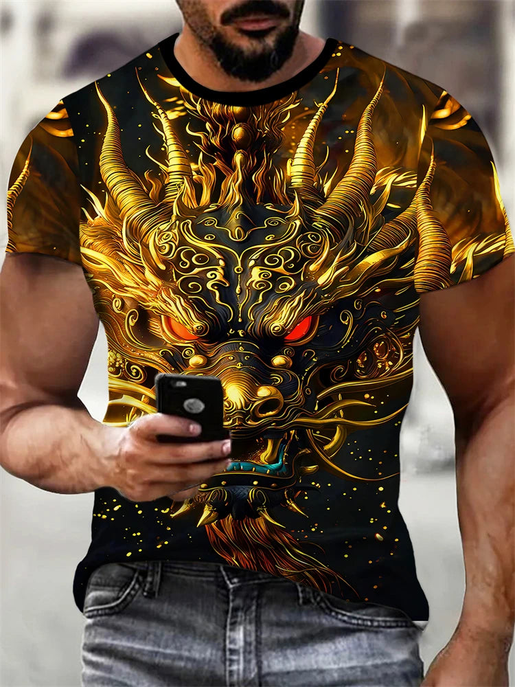 2025 New Men's 3D Dragon Print T-shirt Casual Short-sleeved Pullover Polyester Round-neck Summer Outdoor Clothing Adult Size