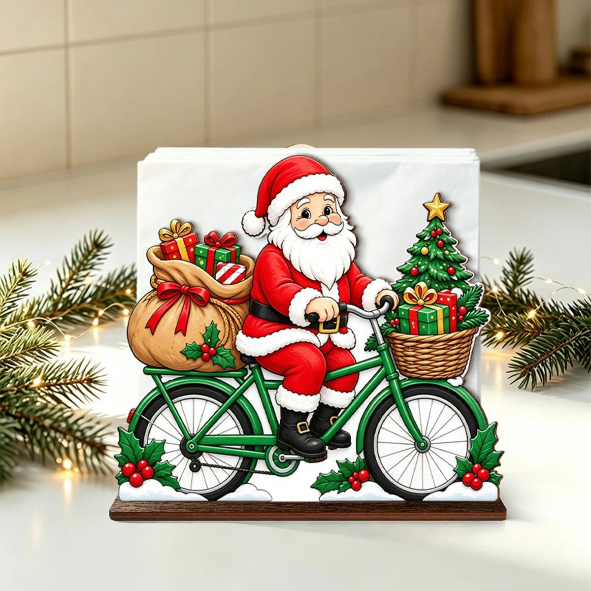 Santa Claus Wooden Napkin Holder Christmas Table Decor Desktop Tissue Storage Rack Xmas Party Dining Room Tabletop Decorations