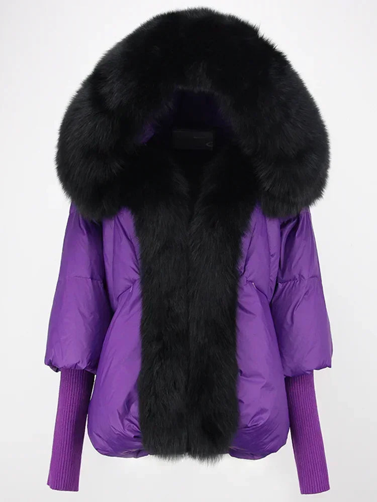2024 Winter Puffer Jacket Women Real Fox Fur Collar Hooded Natural Thick Warm Loose Oversize Duck Down Coat Streetwear Outerwear