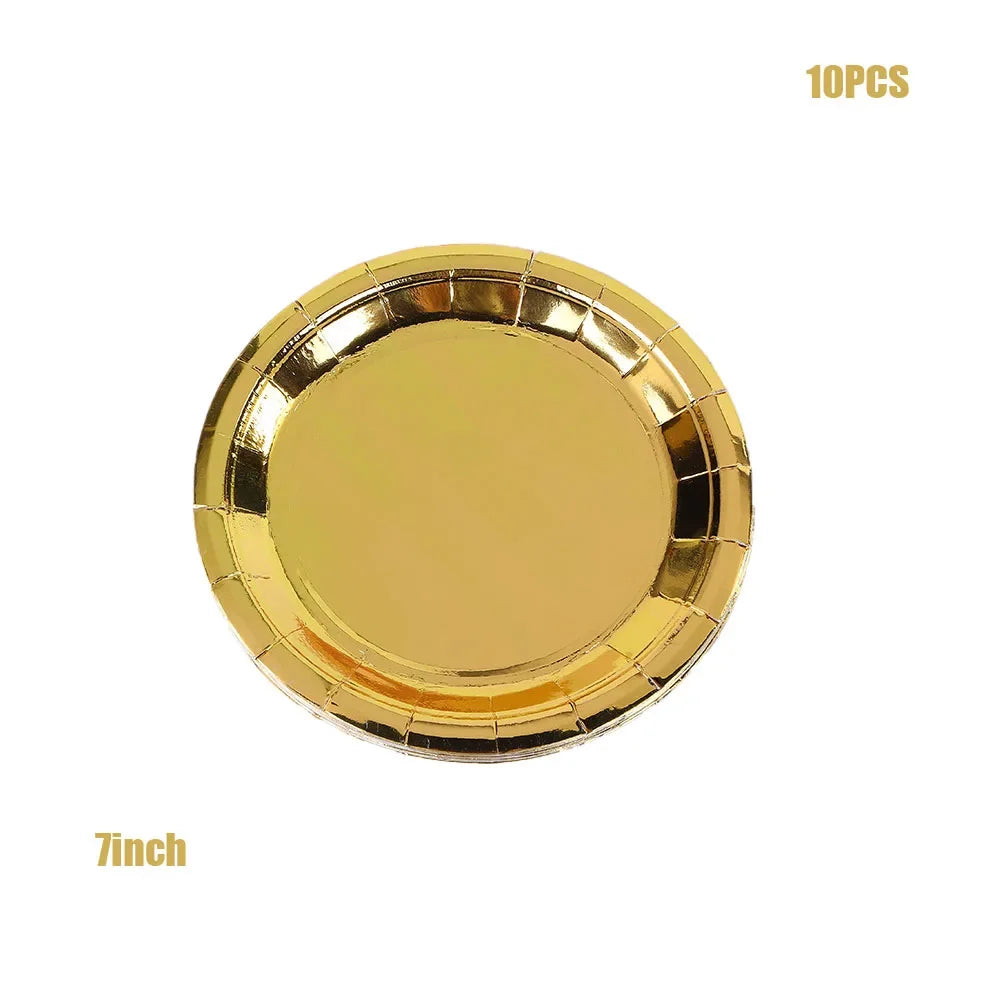 Gold Birthday Party Decorations Disposable Tableware Disposable Golden Plates Cups Kids Adult Wedding Bachelor Party Supplies