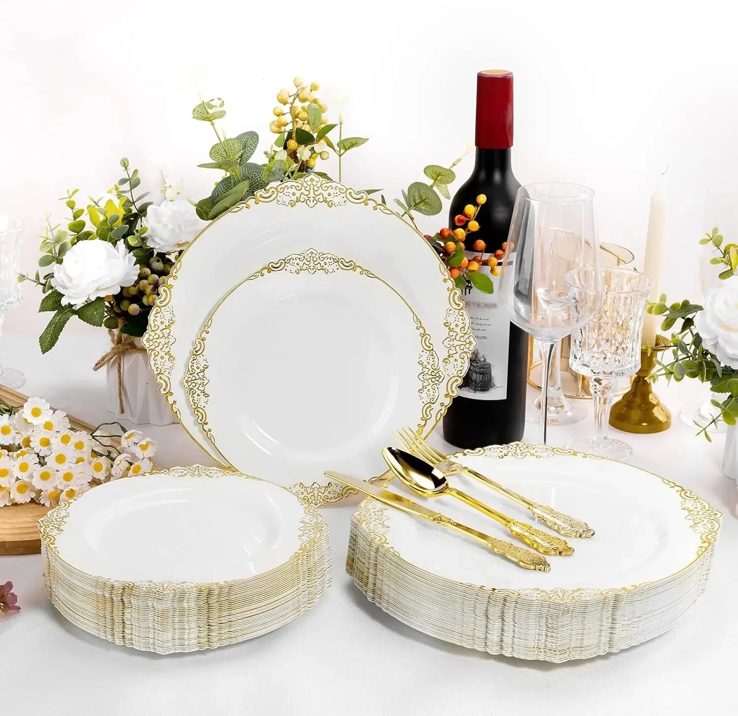 White And Gold Disposable Plates 200 Pcs For 100 Guests Dinner Dessert Plates For Party Wedding Graduation