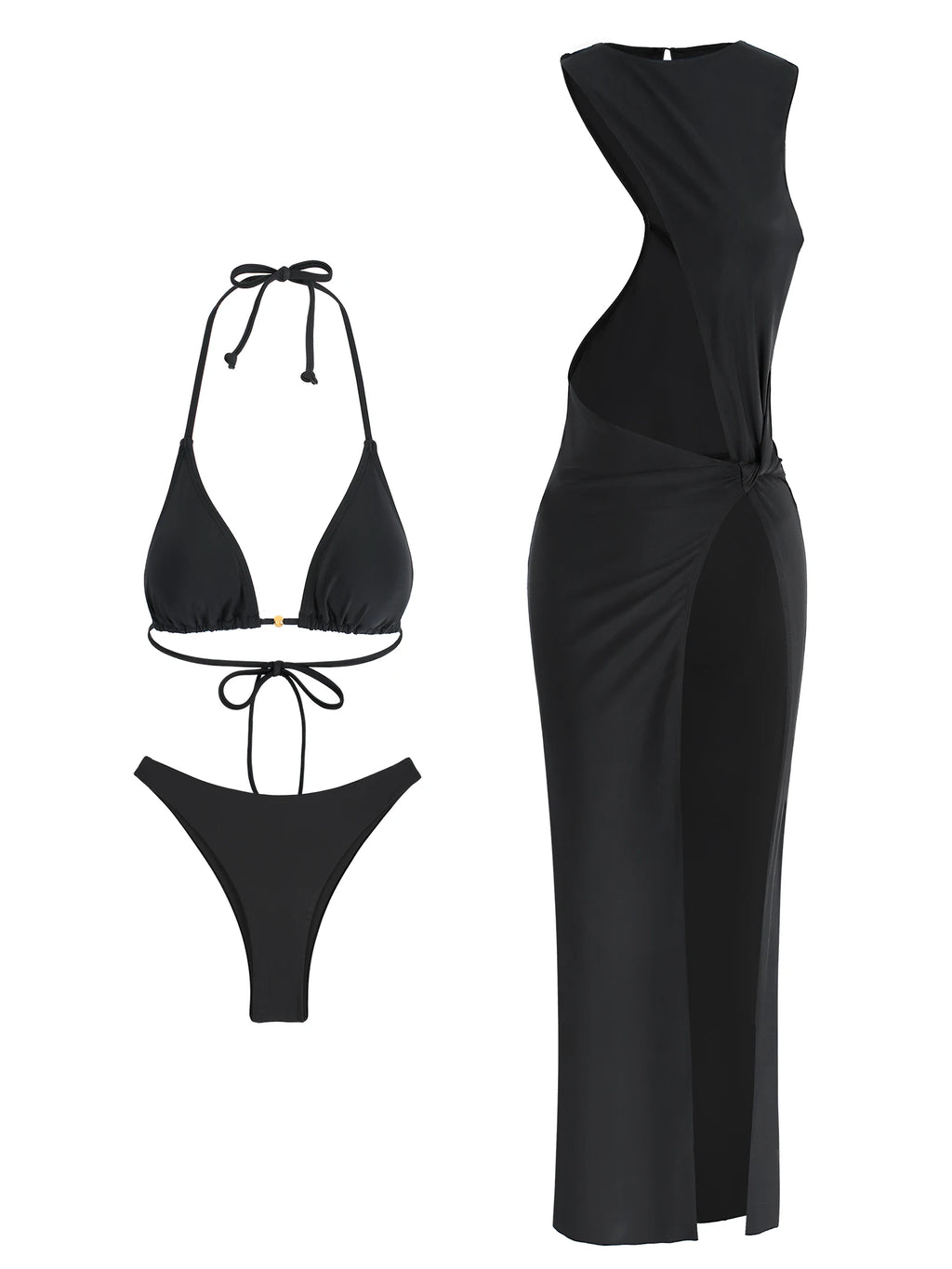 Black 3 Piece Triangle Bikini Sets 2025 Sexy Hollow Out Coverup Dress Swimsuit Women Bikini Set Beachwear Bathing Suit K282