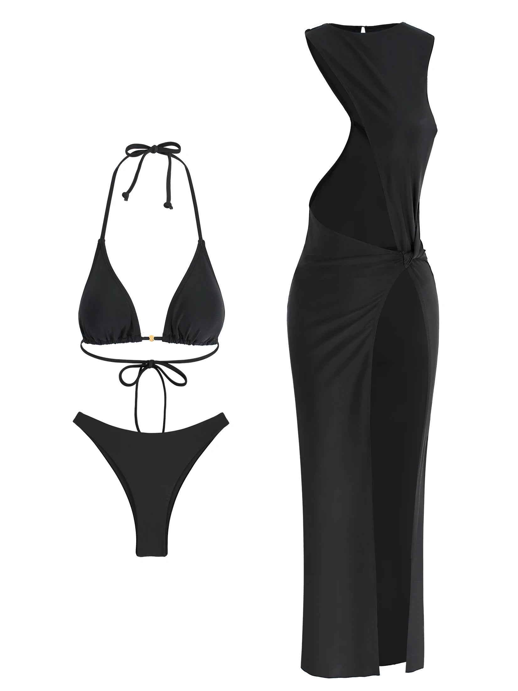 Black 3 Piece Triangle Bikini Sets 2025 Sexy Hollow Out Coverup Dress Swimsuit Women Bikini Set Beachwear Bathing Suit K282