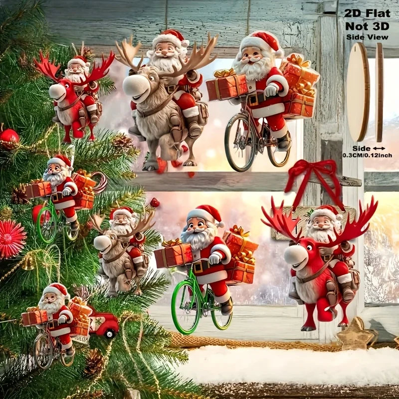 12-Piece Santa Claus Wooden Hanging Ornaments Set—Perfect for Christmas Trees and Holiday Home Decorations, 2D Flat Christmas-Themed Santa Claus Gift-Delivery Style
