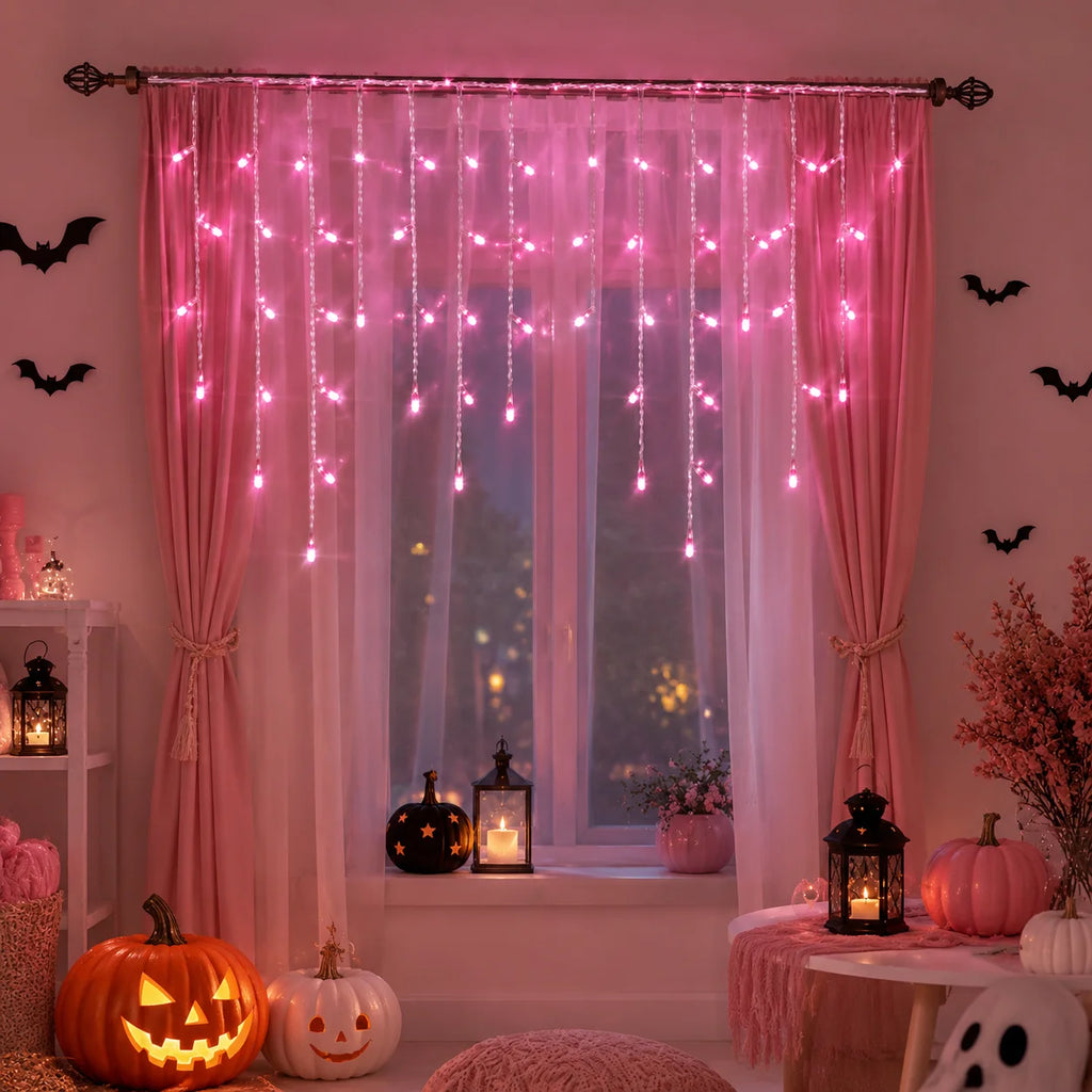 Halloween Lights USB Pink Icicle String Lights 6M 100LED/10M 200LED 8 Modes for Roof Eaves Window Porch Haunted House Decor