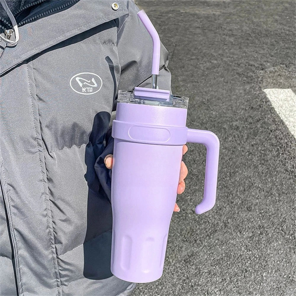 1pc Stainless Steel Ice Tumbler 38.55oz Insulated Cup with Handle & Straw Keeps Cold for 24 Hrs Car Insulation Cup Coffee Water
