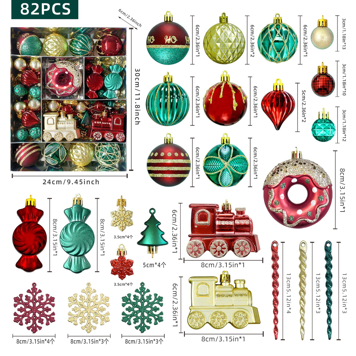 82PCS Assorted Christmas Ornaments Set Large Christmas Tree Decorations 3–8CM Christmas Balls Assorted Xmas Ornaments Decor Set