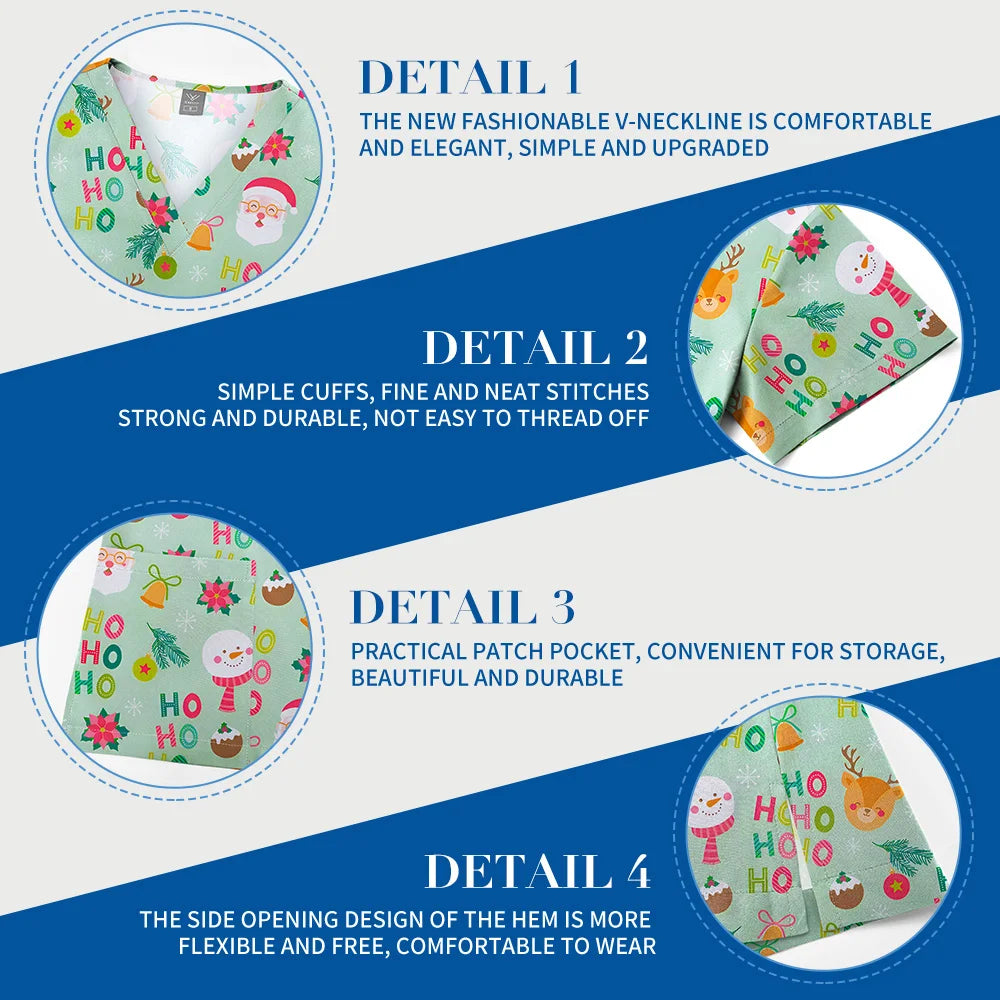 Christmas Print Scrubs Tops Women Short Sleeve V-neck Blouse Nurse Uniforms T-Shirt Medical Working Uniform Veterinary Workwear