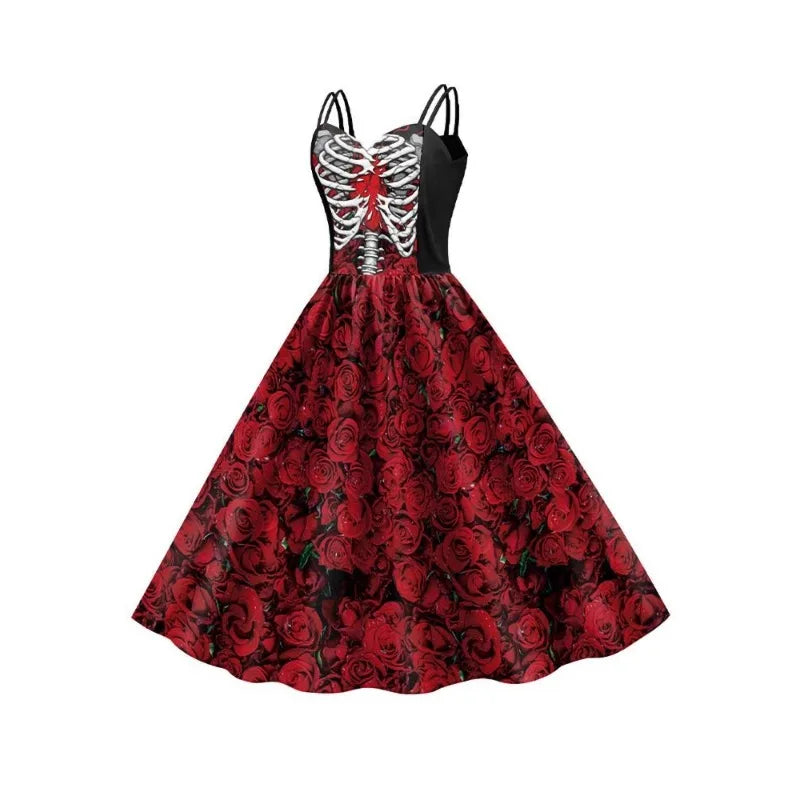 Halloween Costume Girl Fancy Skeleton Rose Print Dress Halloween Ghost Bride Vampire Cosplay Dress Kids Carnival Party Clothes