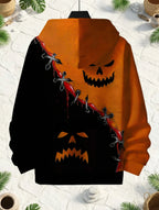 Men Halloween Stitch Pumpkin Face 3D Print Hoodie Split Black Orange Graphic Long Sleeve Pullover Sweatshirt With Pocket