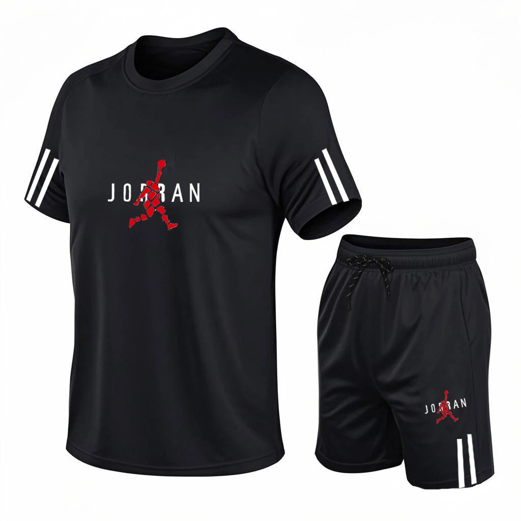 2026 men's casual sports two-piece set, fashionable printed short sleeved and shorts, running sports short sleeved set