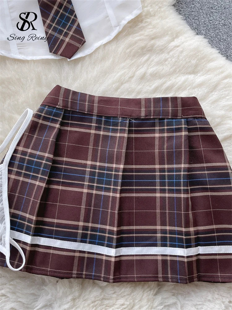 SINGREINY Plaid JK Uniform Erotic Suits Lingerie Female Short Sleeve Blouses+Pleated Skirts Suits Women Cosplay Sheer Sexy Sets
