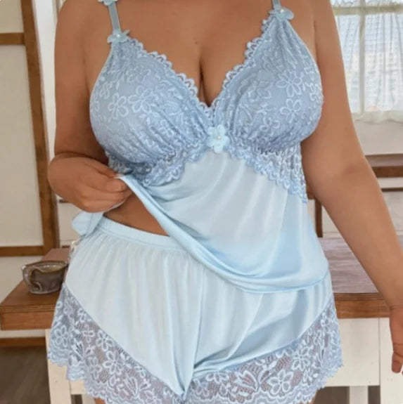 Plus Size Lace Trim Satin Sleepwear Set Deep V Neck Strap Design Home Comfortable Cool Sensual Underwear Ensemble for plus Size