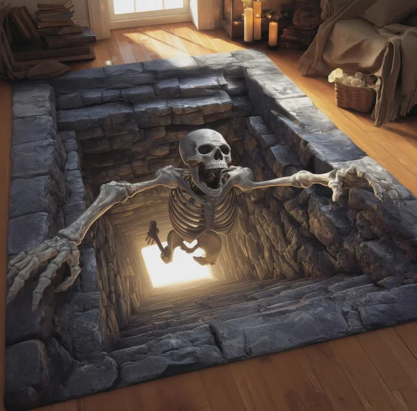 Skeleton Trap Rug, Halloween Floor Mat, Spooky 3D Hole Carpet, Gothic Home Decor