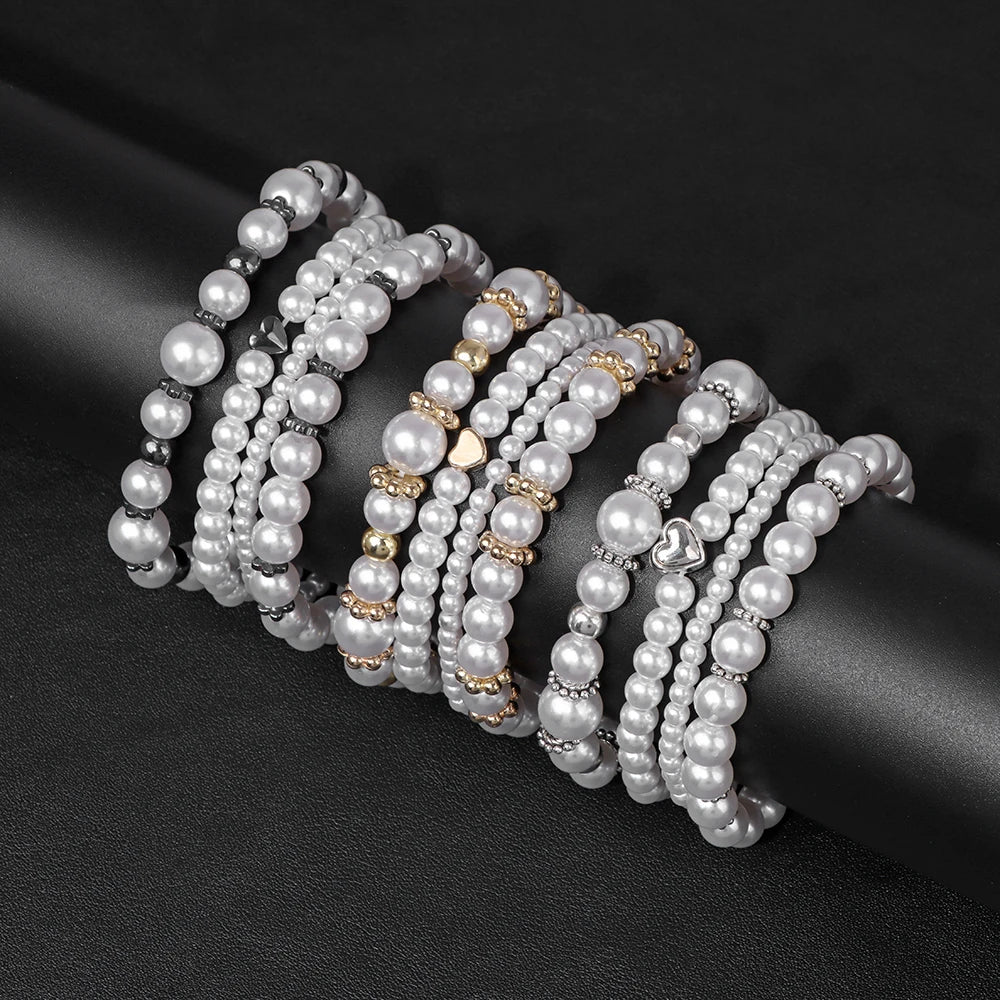 4 Pcs/Set White Pearl Bracelet Set Multilayer Gold Color Beads Bracelet For Women Trendy Imitation Pearl Bangle Luxury Jewelry