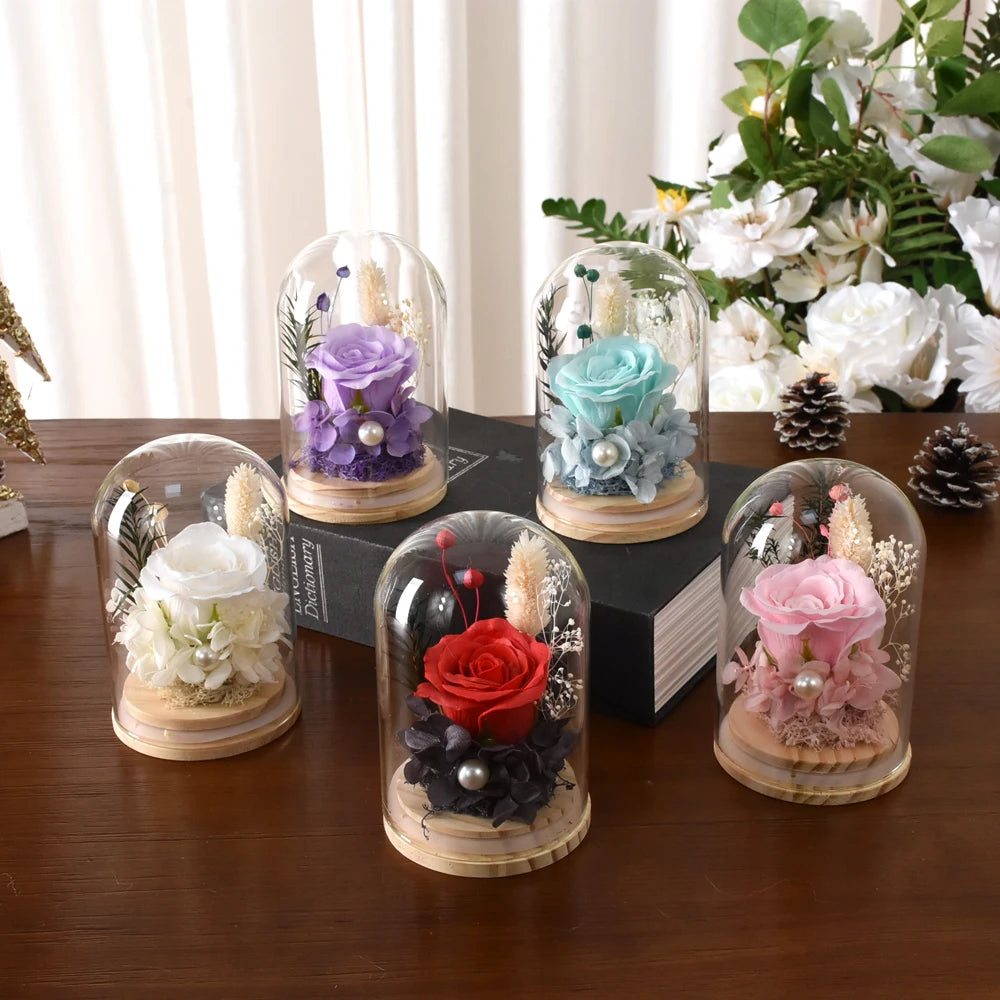 Little Artificial Rose Flowers Valentine's Day Flower Gift to Girlfriend Mother's Glass Dome Bell Jar at Valentine's Day Wedding