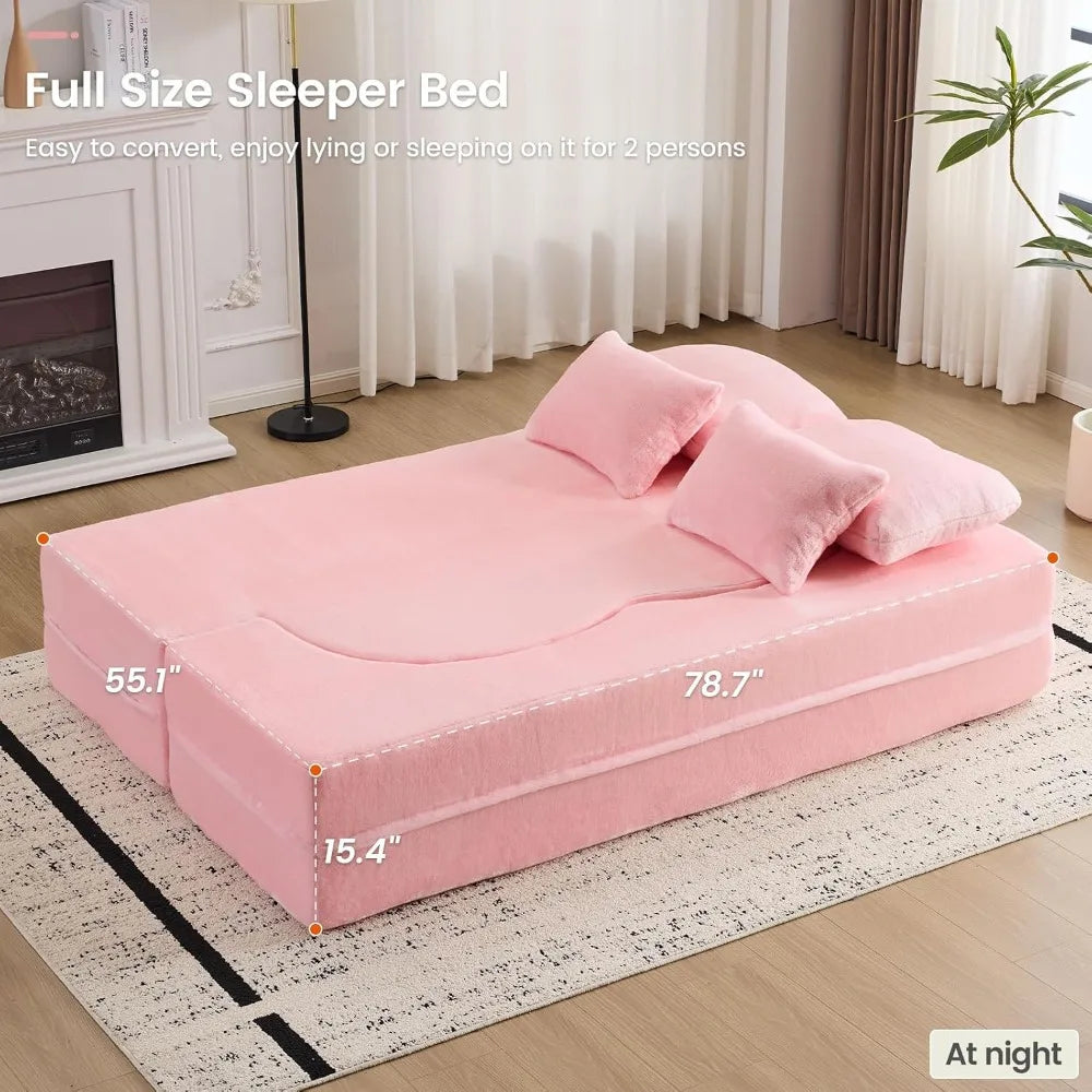 78" Convertible Sofa Bed, Full Size Sleeper Couch, Pink