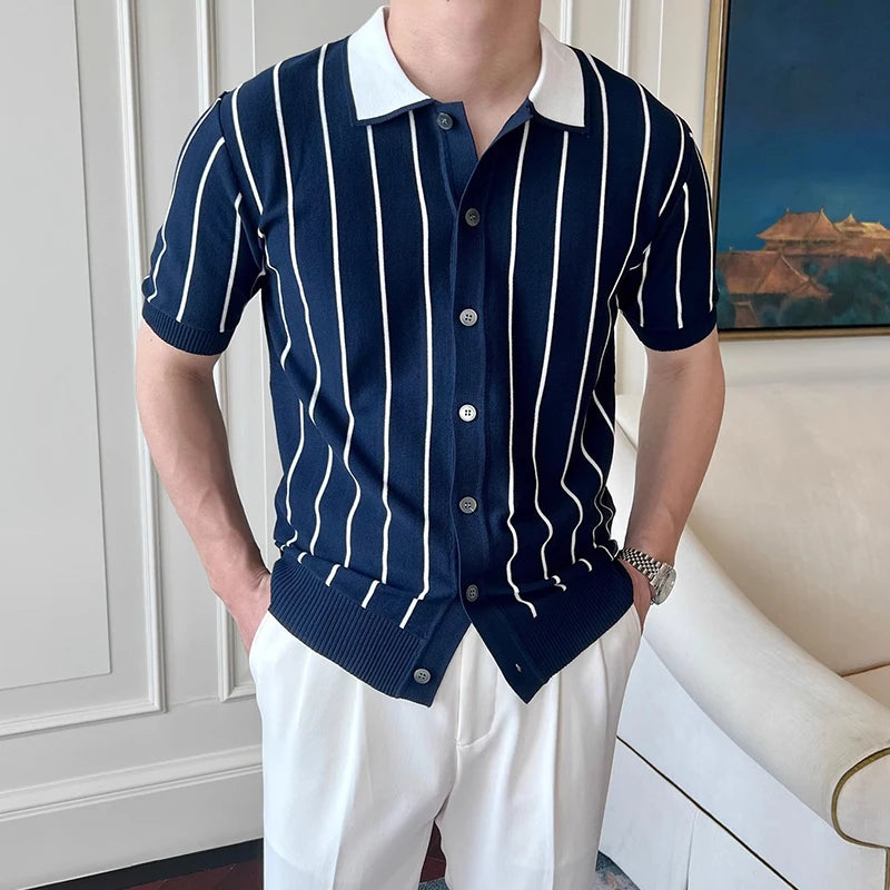 Casual Mens Knitting Shirts Vintage Contrast Color Striped Knit Cardigan Tops Men 2025 Summer Fashion Buttoned Lapel Slim Shirt