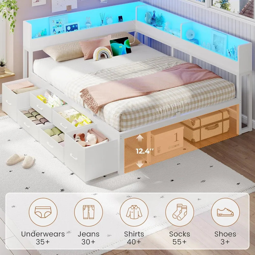 Corner Bed Frame Queen with Storage 6 Drawers, Daybed with Storage Bookcase | Daybed with LED Lights and Charging Station
