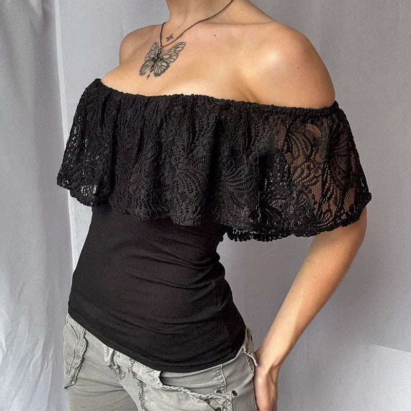[RUOKE] Sexy Off Shoulder Lace Crop Top Women Ruffle Blouse Summer Slash Neck T-shirt Slim Fit Tube Top Going Out Party Date Y2K