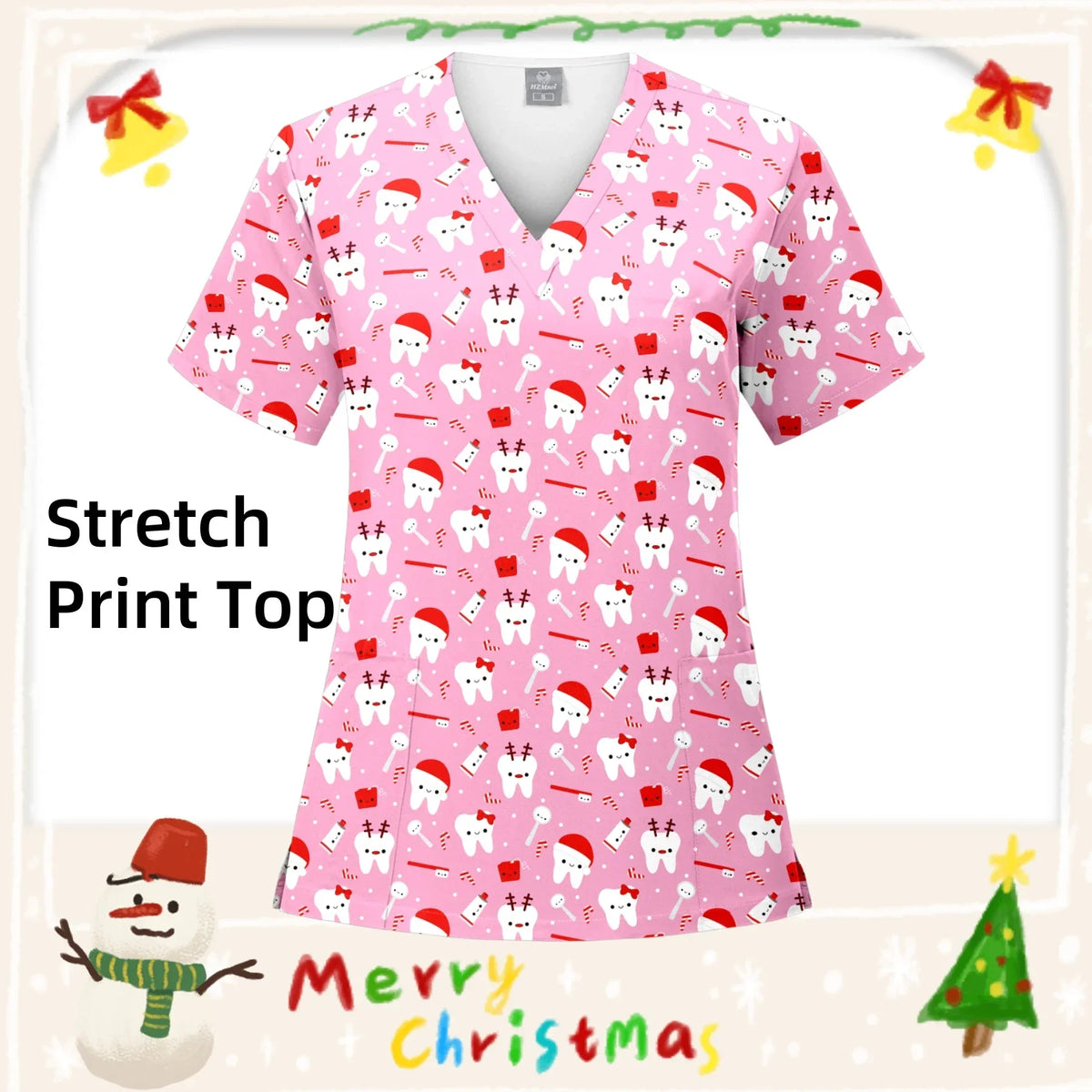 Christmas Print Surgery Top Women with Pocket V-Neck Scrub Uniform Spa Caring T-Shirt Pet Grooming Surgical Nurse Scrubs Uniform