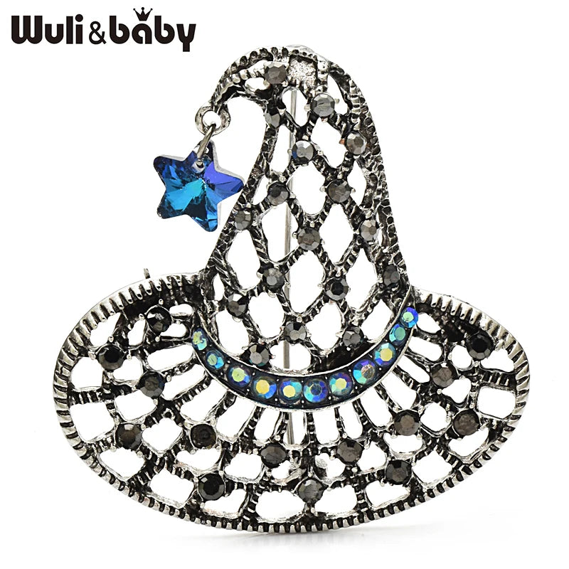 Wuli&baby Vintage Witch Hat Brooches For Women Unisex 2-color Metal Rhinestone Cut-out Star Hat Halloween Brooch Pins