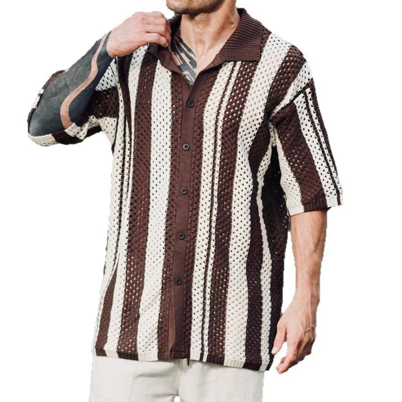 Contrast Color Striped Crochet Shirts Mens Vintage Turn-down Collar Buttoned Cardigan Tops Men Summer Daily Casual Knitted Shirt