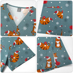 Women Men Christmas Scrubs Top Short Sleeve Pockets Surgery Blouse V-neck Medical Clothes Unisex Spa Dental Vet Surgical Uniform