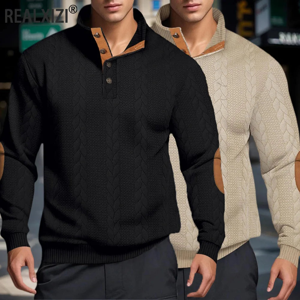Men’s Knitted Jacquard Sweaters Button Stand-up Collar Warm Pullover Sweaters Outdoor Casual Men's Long-sleeved Sweatshirt