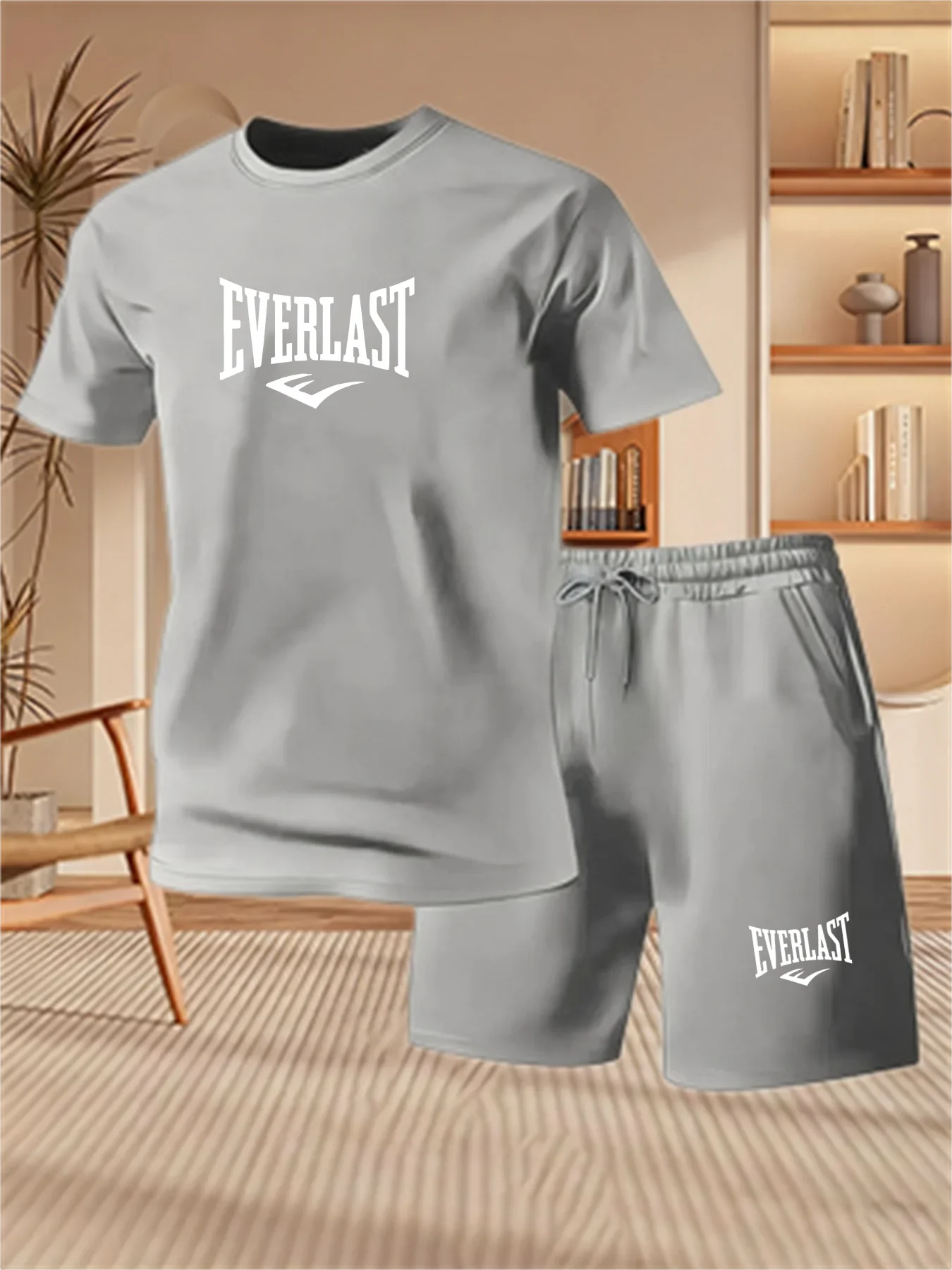 Men's Summer Running Breathable Sportswear, Short Sleeved T-shirt+printed Shorts Two-piece Set, Casual/fitness/home 2-piece Set