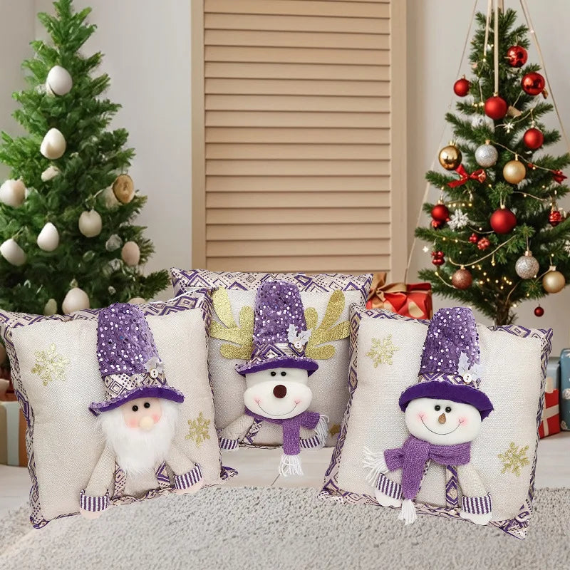 Cute Cartoon Christmas Cushion Cover Purple Sequin Santa Hat Pillowcase 3D Christmas Snowman Santa Claus Reindeer Pillowcase
