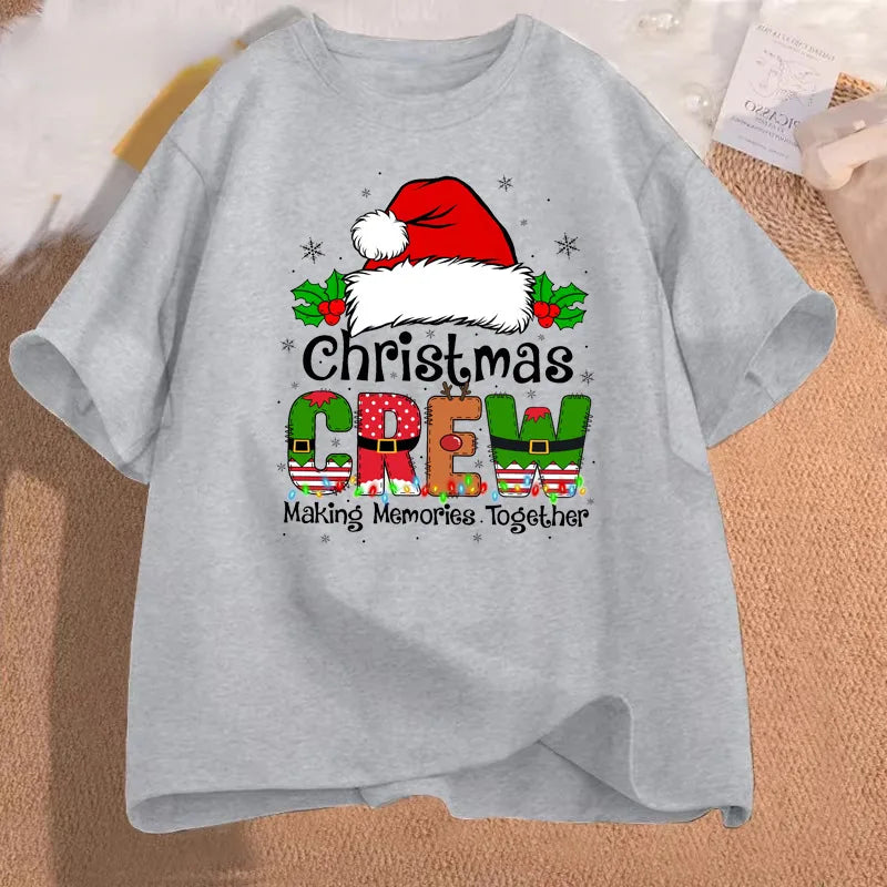 Christmas Crew Santa Hat Holly Snowflake Quote Art Print Graphic Womens T Shirt Short Sleeve Crew Neck Casual Ladies Tee Tops