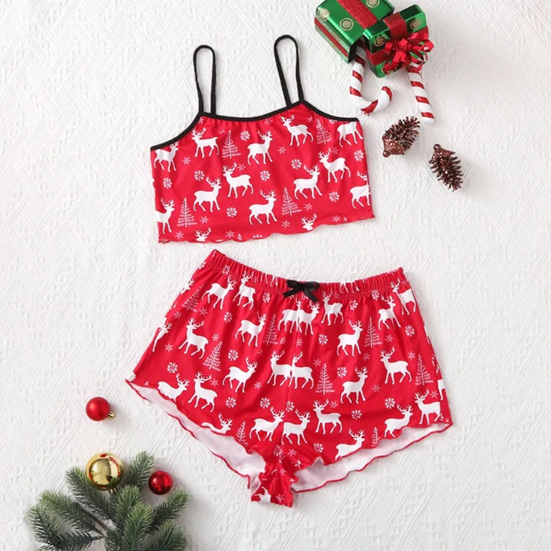 Santa Print Women's Sleepwear Soft Christmas Festival Cute Gingerbread Print 2 Pieces Pajama Set Crop Tops and Shorts Loungewear