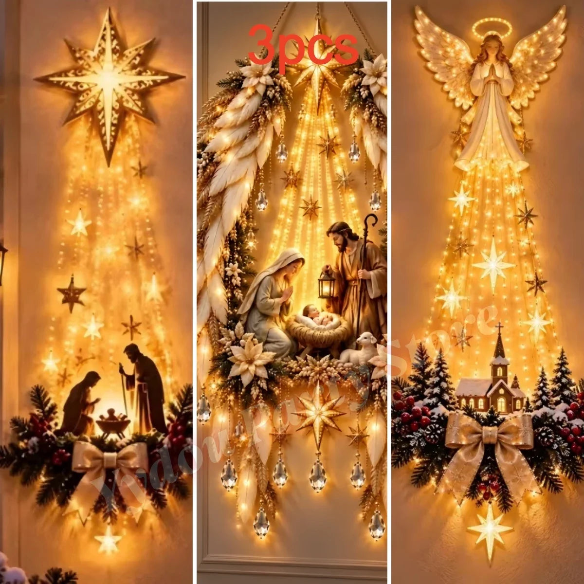 Christmas Lighted Nativity Wall Ornament LED Glowing Hanging Decoration Xmas Birth Scene Star Faith Decor Holiday Party Supplies