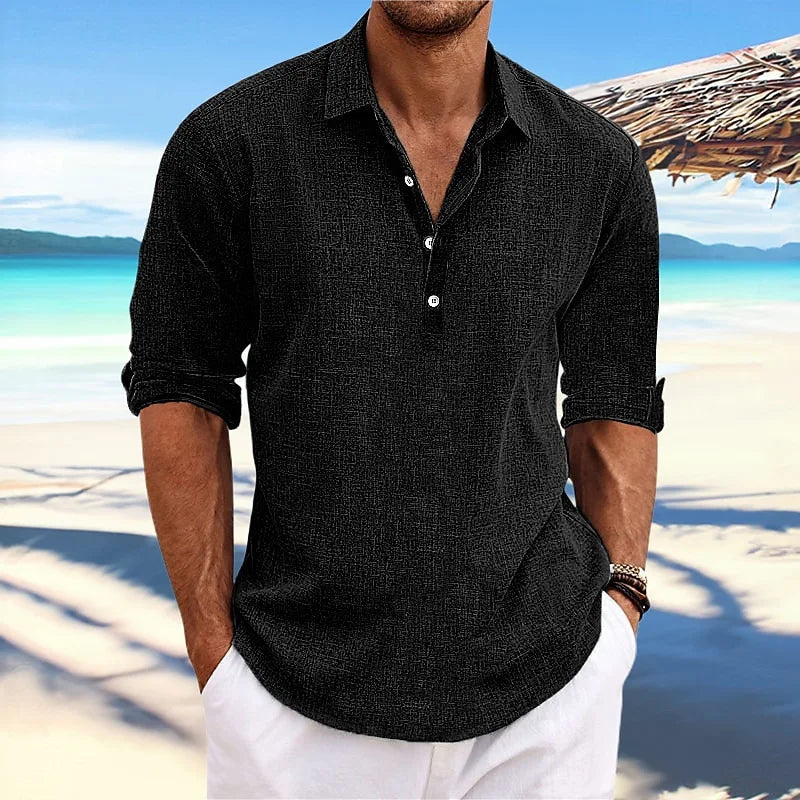 2026 Summer High Quality Men's Casual Cotton Linen Long Sleeve Shirt Solid Color Lapel Button Loose Tops Business Casual Blouse
