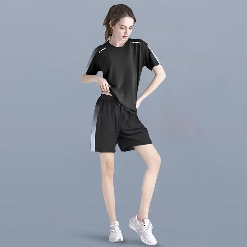 Women's Summer 2-Piece Sports Set - Quick-Dry Running T-Shirt & Plus Size Shorts for Gym, Badminton & Fitness (New Arrival)
