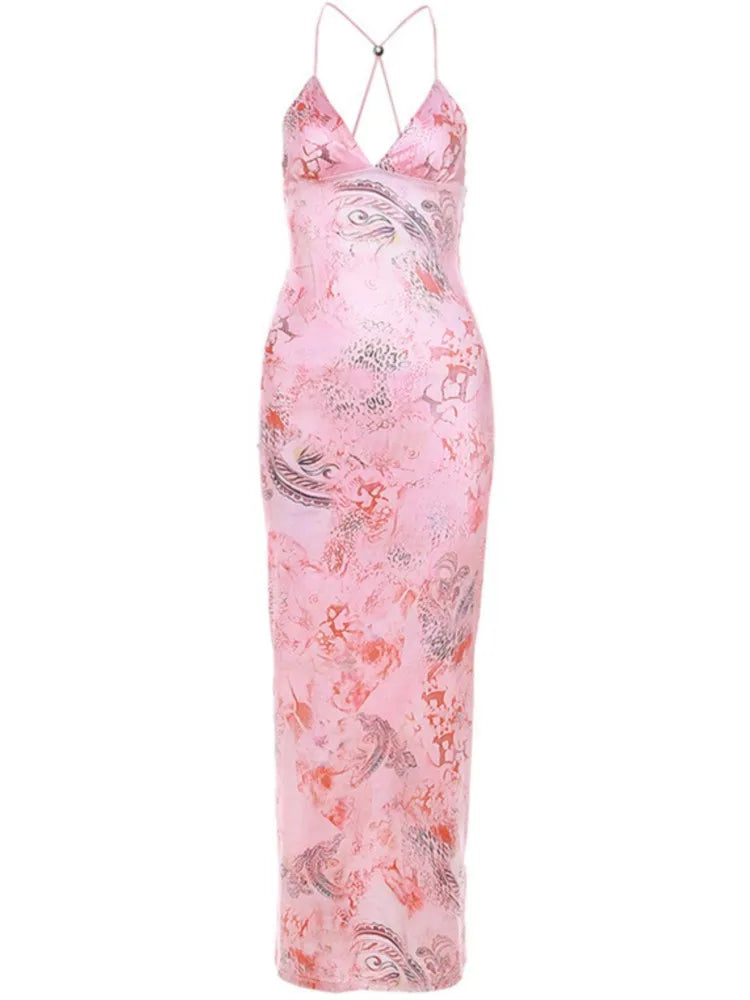 Y2k Streetwear Sexy Long Dress Women's Vintage Low Cut Vestidos Butterfly Design Backless Sleeveless Bodycon Printed Dresses