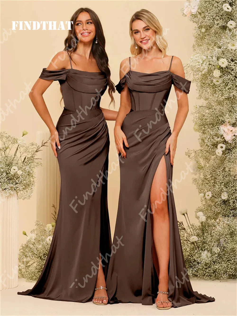 Findthat Off Shoulder Spaghetti Straps Satin Bridesmaid Dresses Elegant Zipper Back Evening Gown Wedding Guests Dress Customized