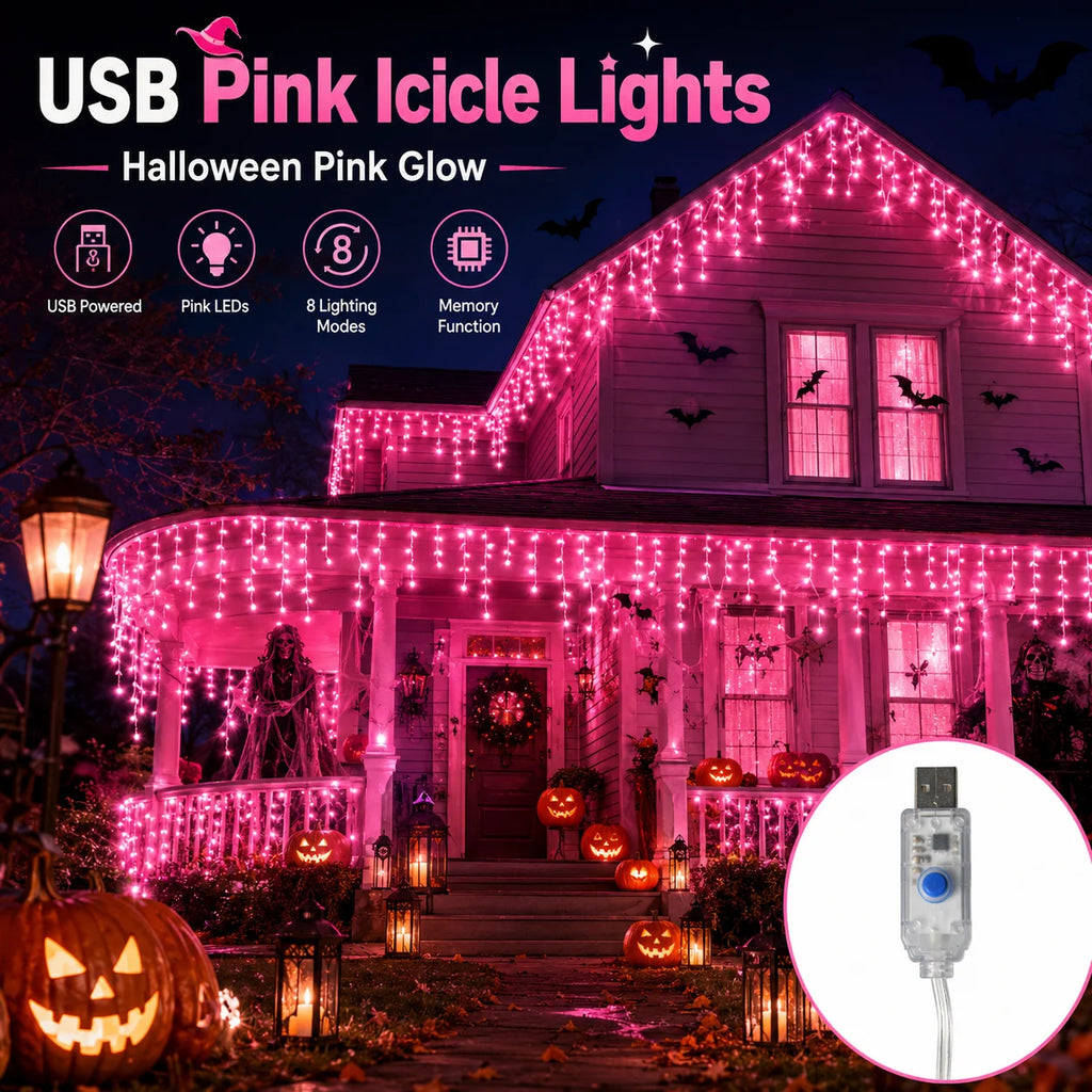 Halloween Lights USB Pink Icicle String Lights 6M 100LED/10M 200LED 8 Modes for Roof Eaves Window Porch Haunted House Decor