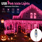Halloween Lights USB Pink Icicle String Lights 6M 100LED/10M 200LED 8 Modes for Roof Eaves Window Porch Haunted House Decor