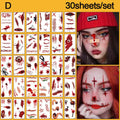 30 Sheets Halloween Fake Tattoo Scar Stickers Face/Hand/Body Makeup Stickers