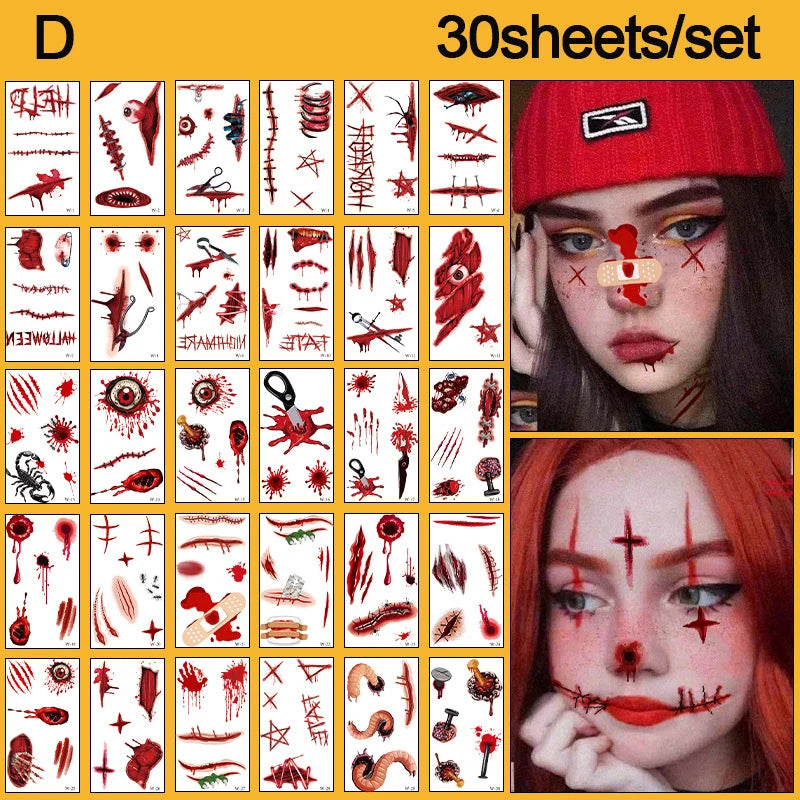 30 Sheets Halloween Fake Tattoo Scar Stickers Face/Hand/Body Makeup Stickers