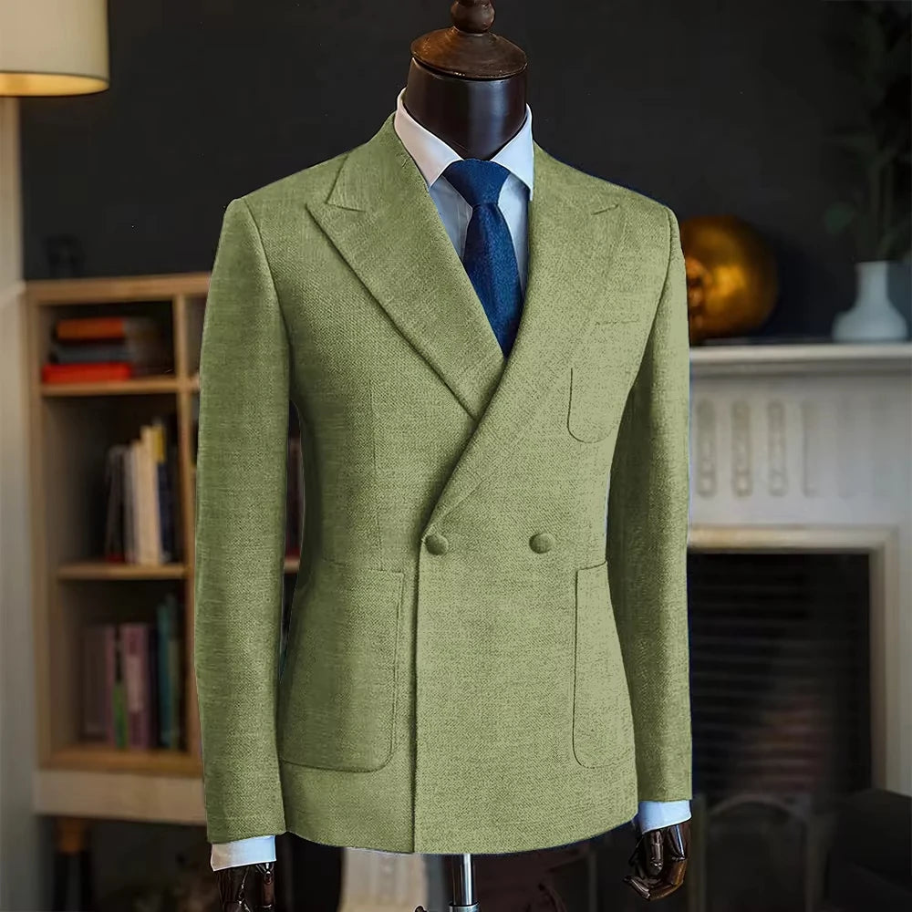 Luxury Men's Classic Suit Blazer Linen Double Breasted Notch Lapel Formal Groom Wedding Dress Jacket Lightweight Sport Coat
